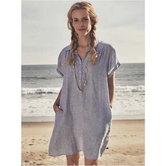 Faherty Hana Blue Basketweave Linen Shift Shirt Dress Pockets XS - Picture 4 of 11